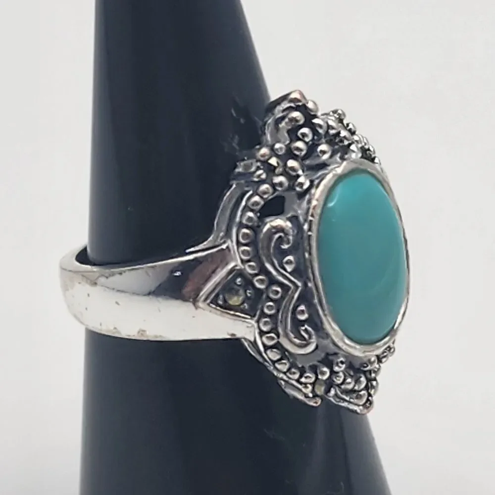 Marsala Silver Tone Turquoise Enamel & Marcasite Ring (6.75)